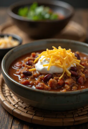 Hreindýra-chili borið fram í grófri skál með meðlæti