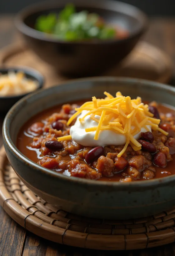 Hreindýra-chili borið fram í grófri skál með meðlæti