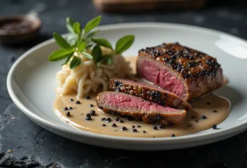 Emu fillet with pepper sauce served with vegetables.