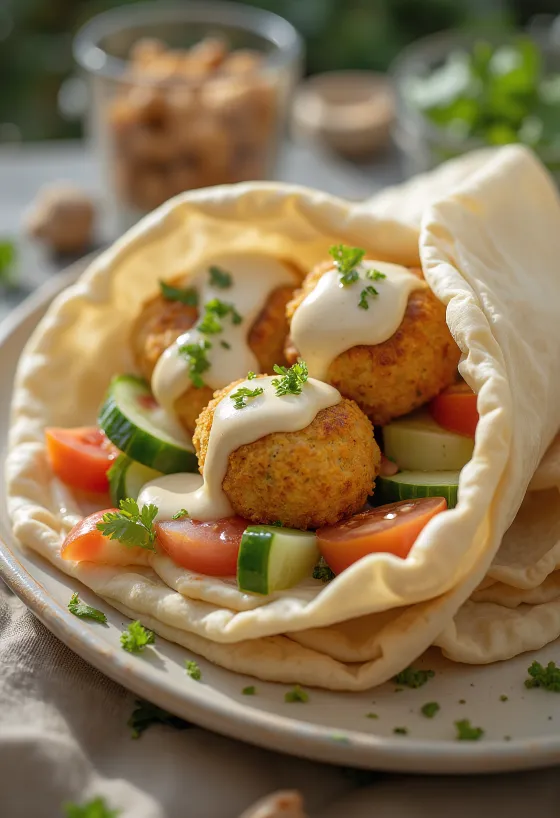 Falafel í pítu með fersku grænmeti og tahini sósu