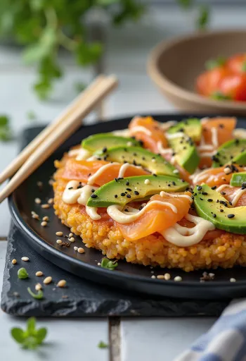 Sushi pizza með japönskum hrísgrjónabotni, lax og avókadó