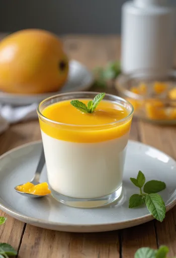 Mangó panna cotta skreytt með ferskum ávöxtum og mangósósu