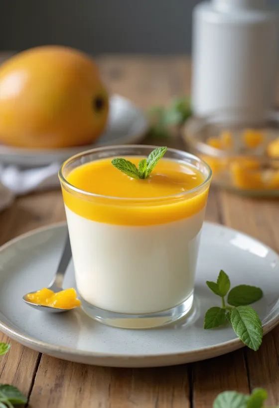 Mangó panna cotta skreytt með ferskum ávöxtum og mangósósu