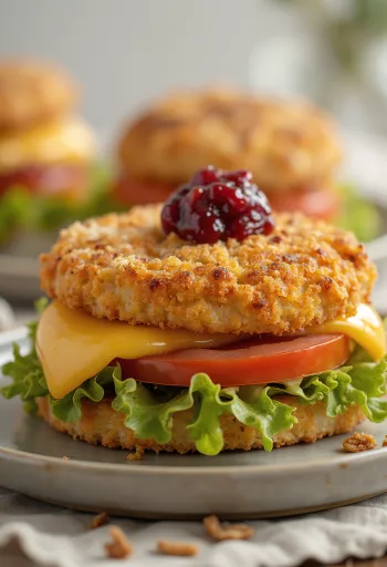 Djúpsteiktur ostborgari borinn fram