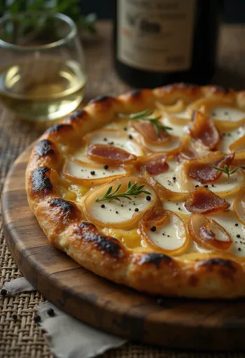 Tarte flambée með sýrðum rjóma, lauk og beikoni