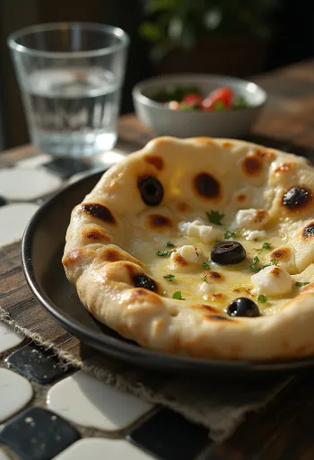 Naan með geitaosti og ólífum borið fram