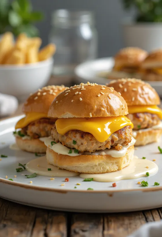 Mini kjúklingaborgari með grilluðu kjúklingabuffi og bráðnum osti