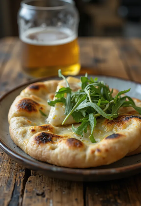 Naan með geitaosti og klettasalati borið fram