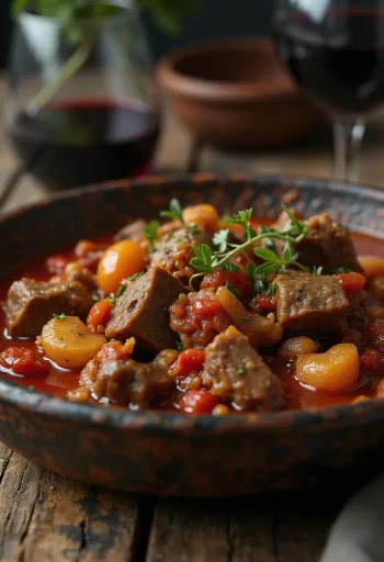 Stifado, grískur nautakjötsréttur borinn fram