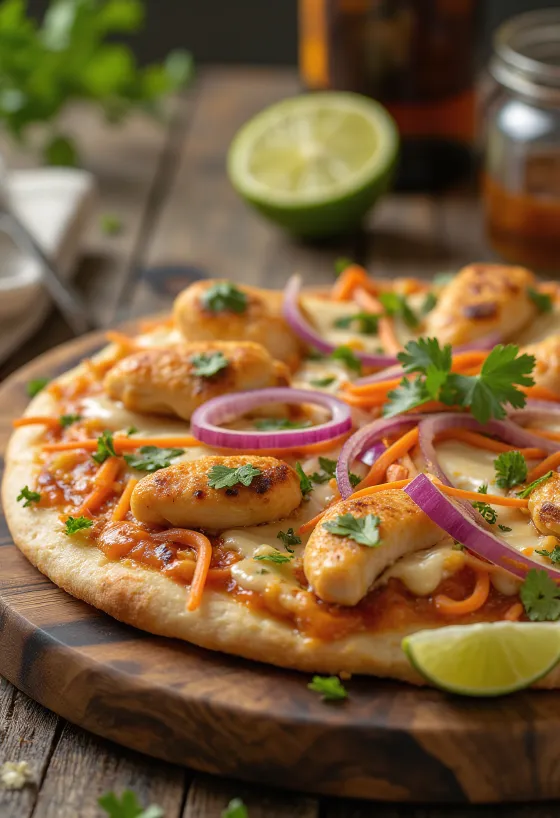 Thai chicken pizza með jarðhnetusósu og kóríander