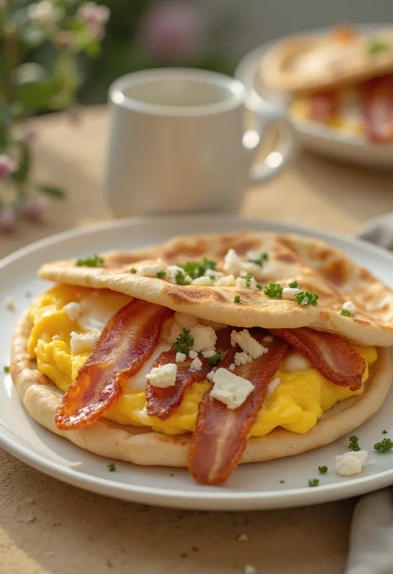Pita með beikoni og eggjum, fetaosti og fersku grænmeti