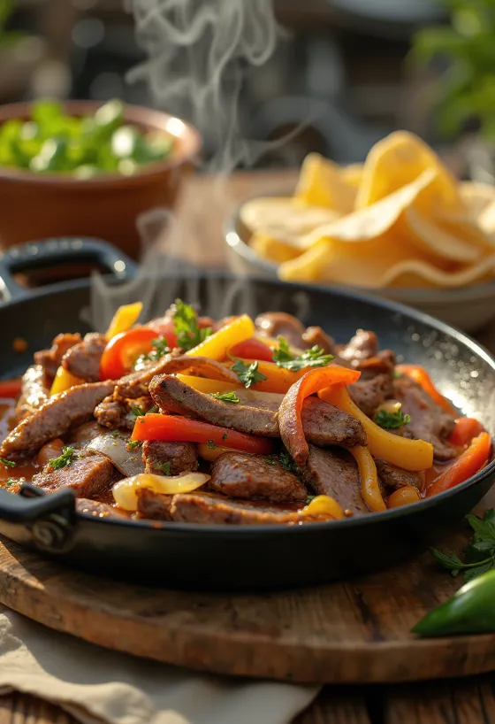 Nautasteikarfajitas borið fram með ferskum kóríander og guacamole
