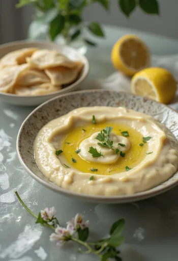 Tahini sítrónusósa borin fram með pítu og grilluðu grænmeti