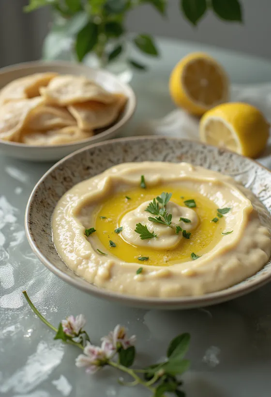 Tahini sítrónusósa borin fram með pítu og grilluðu grænmeti