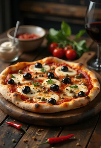 Pizza alla Puttanesca með ansjósum og kapers