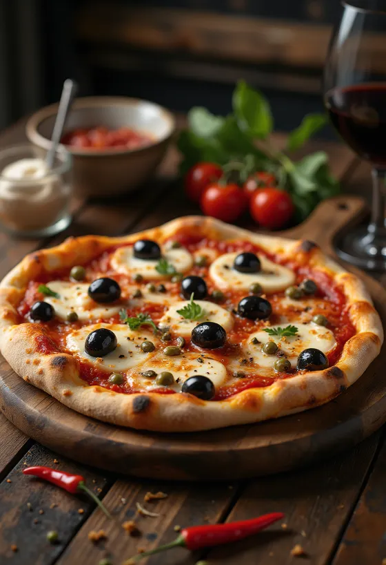 Pizza alla Puttanesca með ansjósum og kapers