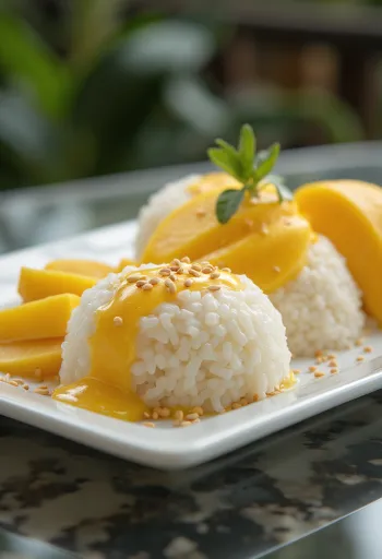 Mangó sticky rice borið fram