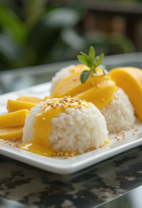 Mangó sticky rice borið fram
