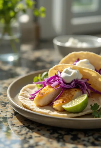 Pescado taco borið fram með lime og kóríander