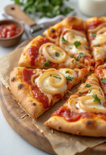 Pizza con Cipolla með lauk og mozzarella