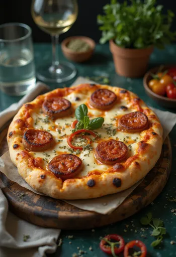 Vegan Diavola pizza með vegan pylsu og chili