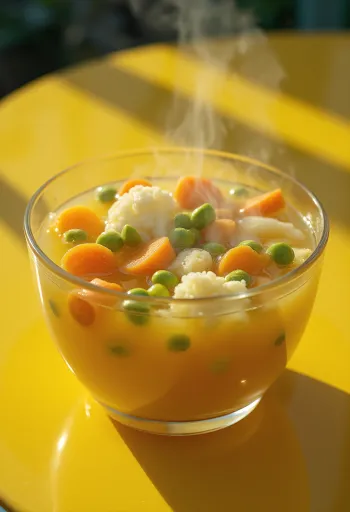 Fersk grænmetissúpa borin fram með gulrótum, sellerírót og steinselju