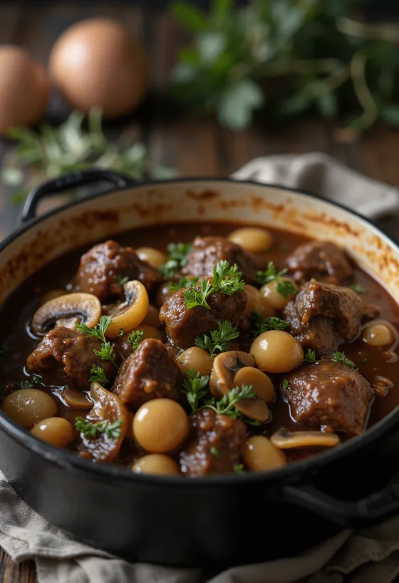 Boeuf Bourguignon borið fram með fersku tímíani og brauði