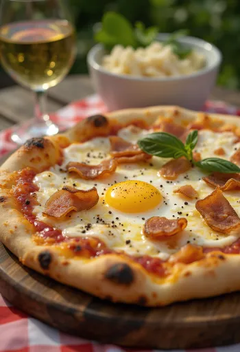 Pizza Carbonara með guanciale og eggi