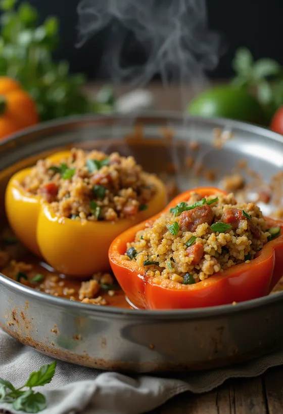 Vegan fylltar paprikur með bulgur bornar fram