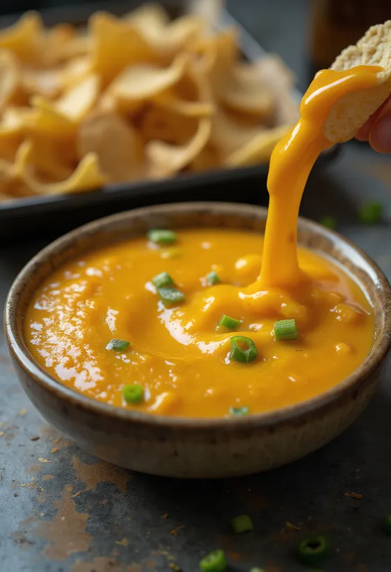 Jalapeño- og bjórcheddarsósa í skál, borin fram með nachos