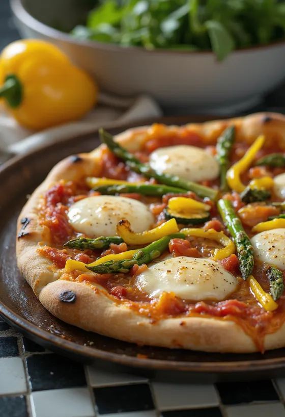 Pizza Primavera með vorgrænmeti og basilíku
