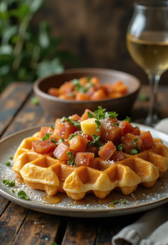 Chorizo og Manchego ostavöfflur bornar fram með steinselju og reyktri papriku