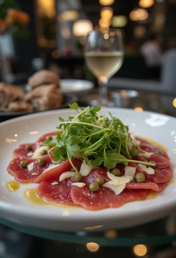 Horse meat carpaccio served with arugula, Parmesan, and capers.