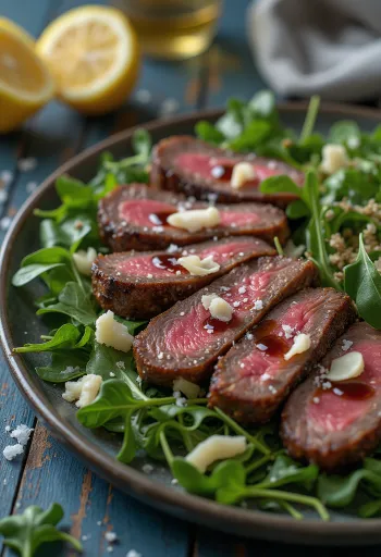 Tagliata di manzo með klettasalati og parmesan borið fram