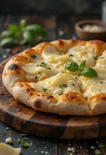 Pizza ai Formaggi borin fram með ýmsum ostum og basilíku