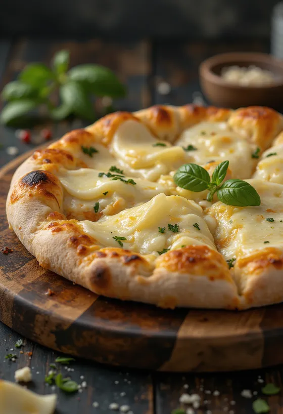 Pizza ai Formaggi borin fram með ýmsum ostum og basilíku