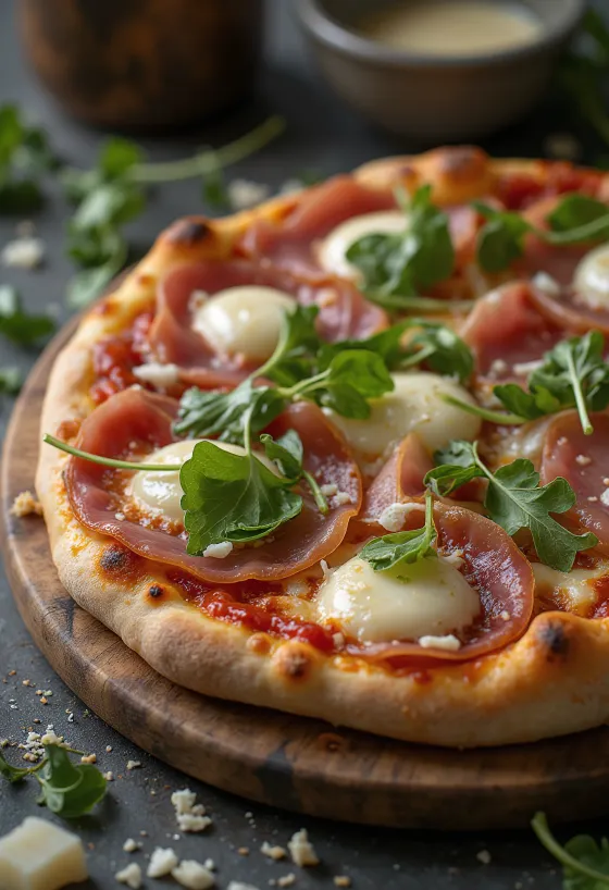Pizza al Prosciutto Crudo borin fram með parmaskinku og klettasalati