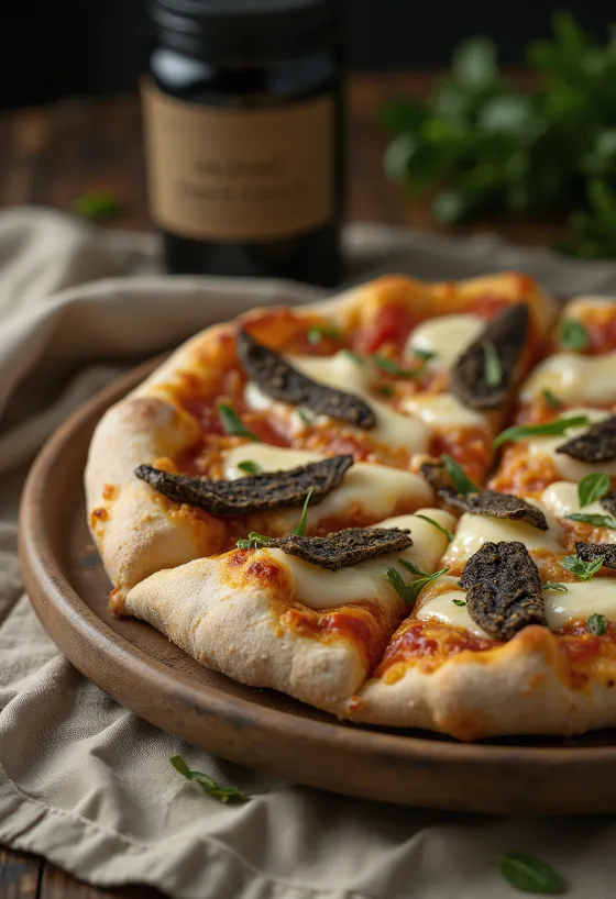 Trufflupizza borin fram með mozzarella og parmesan