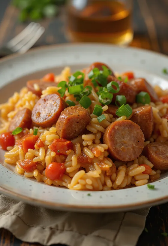Reykt pylsu-jambalaya borið fram í skál skreytt með steinselju
