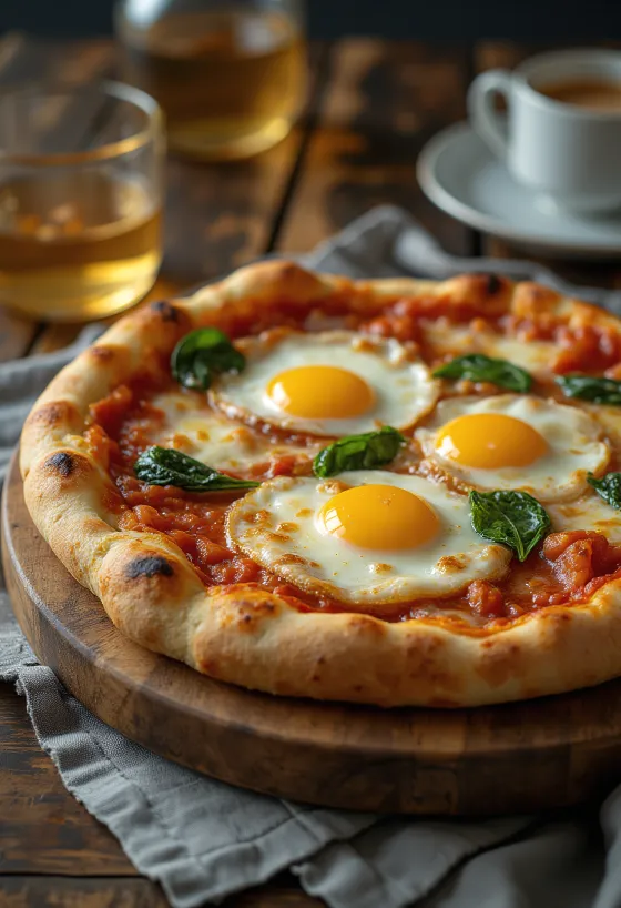 Pizza alla Bismark borin fram með fersku eggi og spínati