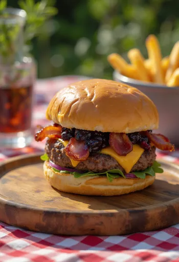 Aðalbláberja- og beikonborgari borinn fram