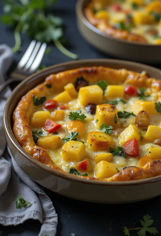 Quiche með kartöflumúsarbotni skorin í sneiðar