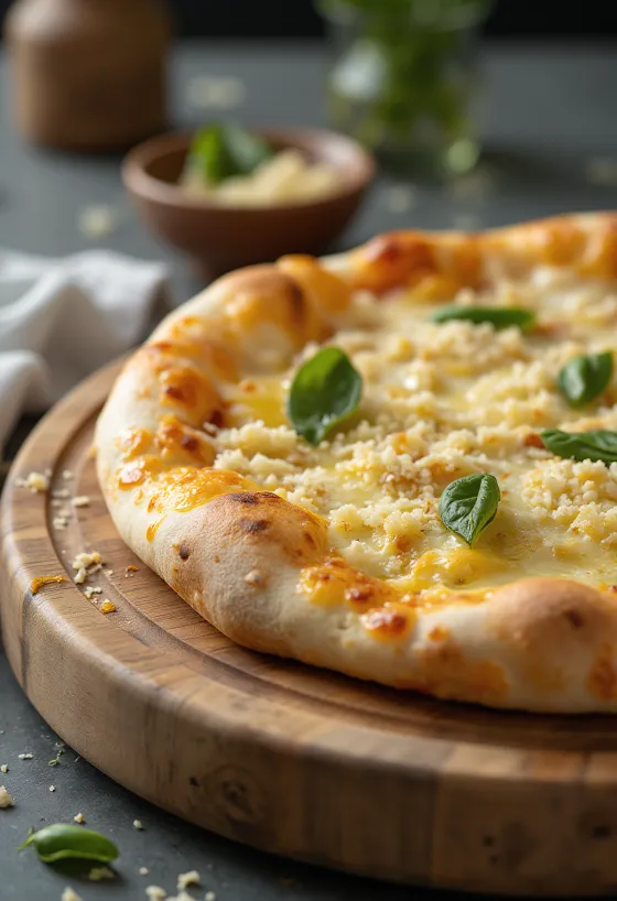 Hvít pizza borin fram með ricotta, mozzarella og ferskum kryddjurtum