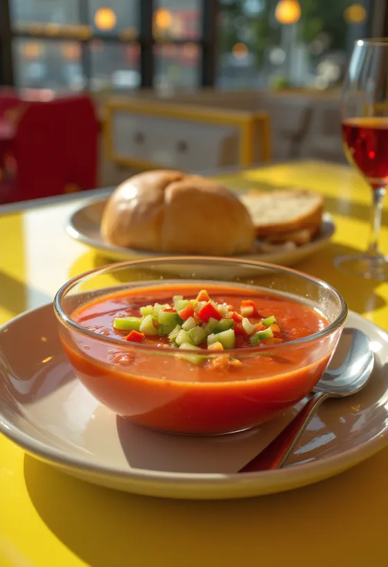 Ferskt gazpacho borið fram ískalt, skreytt með smátt söxuðu grænmeti