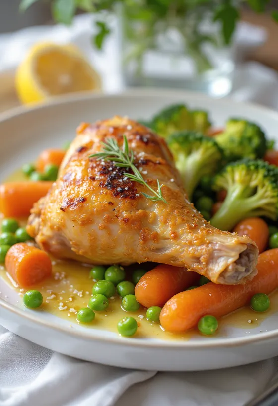 Ofnsteikt kjúklingalæri með gufusoðnu grænmeti