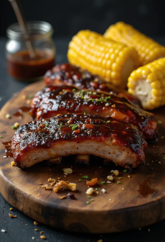 BBQ svínarif borin fram með maís