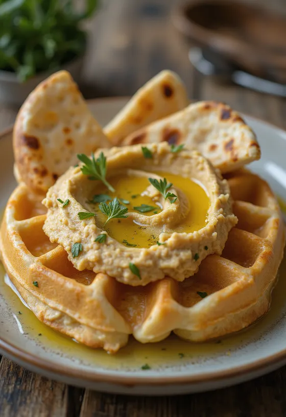 Hummuss-vöfflur með ferskri steinselju og ólífuolíu