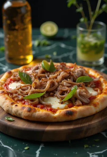 Kúbversk pizza með steiktu svínakjöti og karamelliseruðum lauk