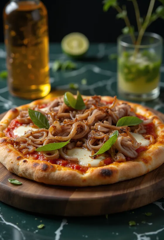 Kúbversk pizza með steiktu svínakjöti og karamelliseruðum lauk