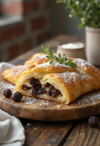Kotasælustrudel með rúsínum, borinn fram með flórsykri